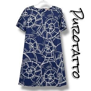 Purotatto Italy Blue Shell Print Shift Dress Short Sleeve EU 42 Coastal Luxury